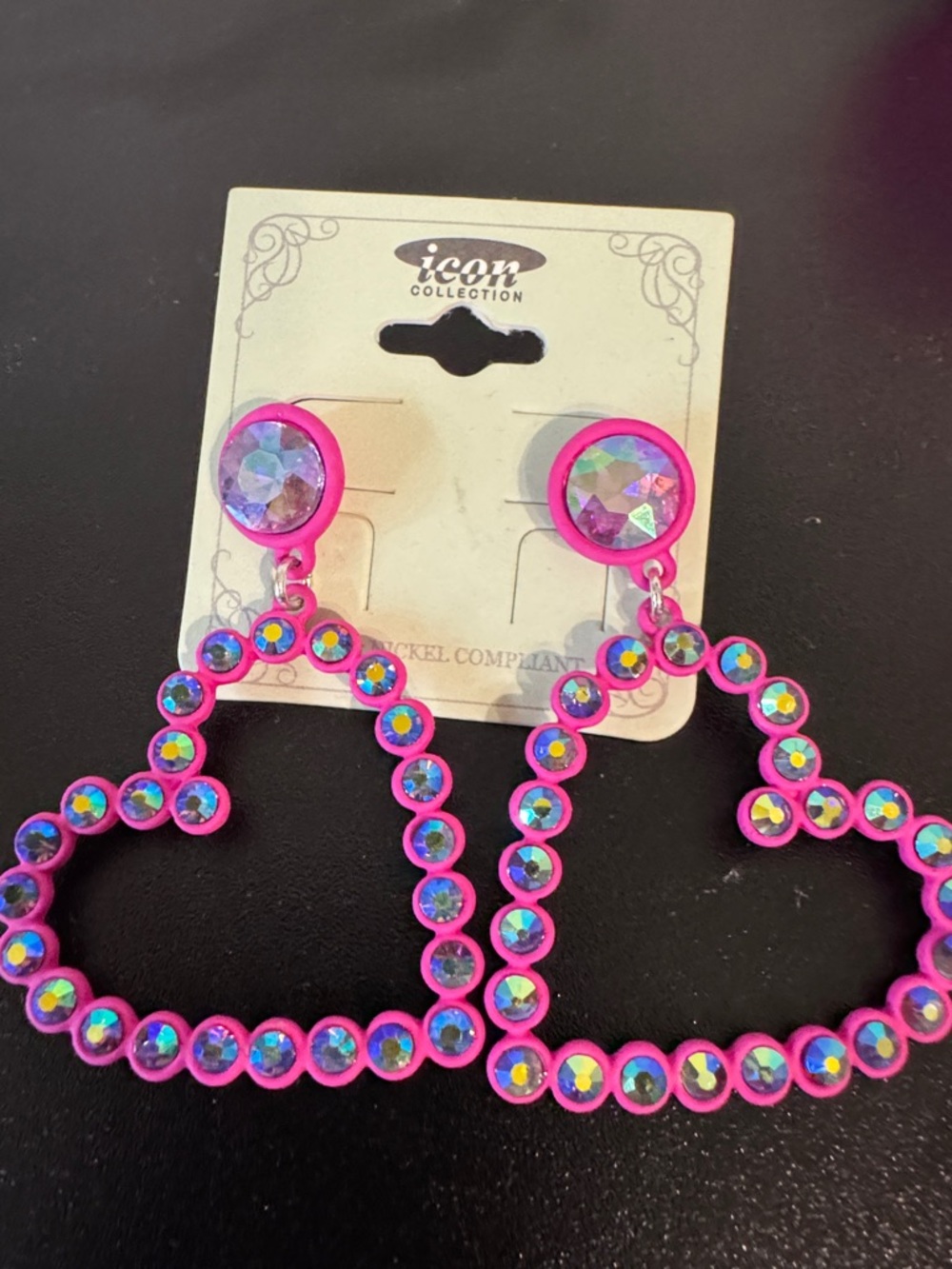 Icon Collection Pink Heart Hoop Earrings with Iridescent Rhinestones